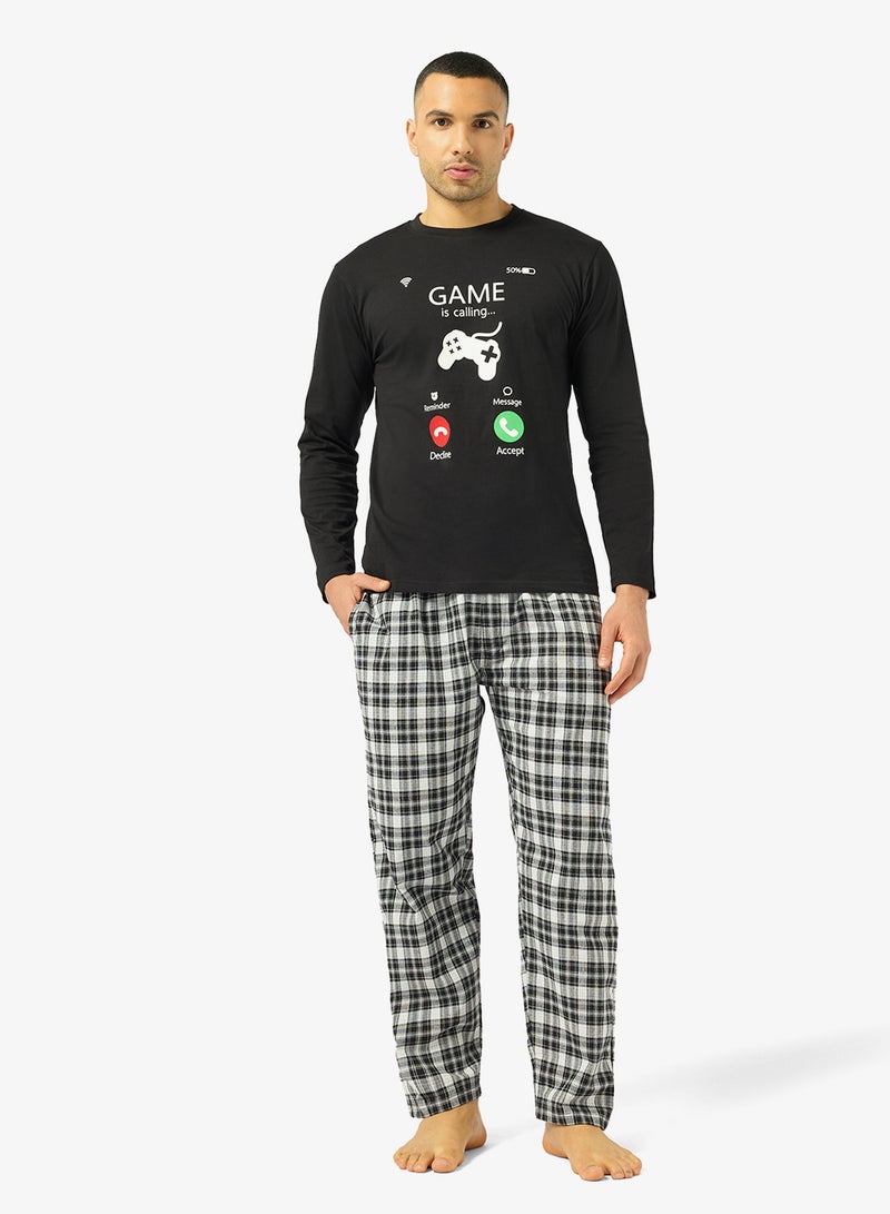 Seventy Five Printed Long Sleeve T-Shirt And Checked Pyjamas Set - Image 1